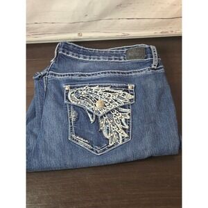 Love Indigo Womens 20 Bootcut Jeans Medium Wash Rhinestone Wing Flap Pocket Y2K